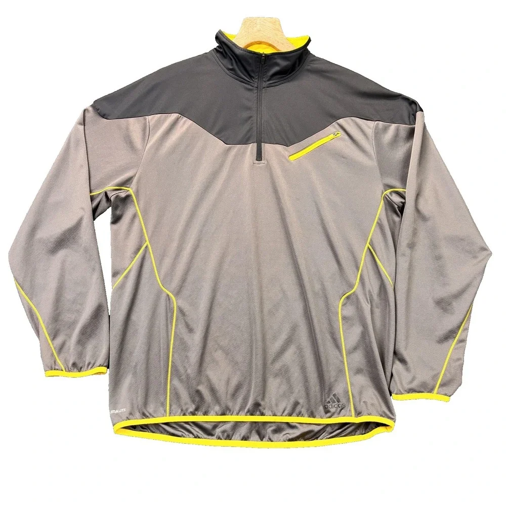 Adidas‎ Climalite Quarter Zip Pullover Mens XL Gray Yellow Running Athletic Top